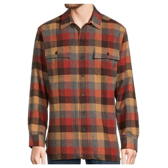 LL Bean Brown Plaid Flannel Button Down Shirt Orange Thermolite Size LT L Tall - Picture 1 of 8